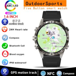 Buiten Kompas Smart Horloge Mannen GPS Tracker 5 toetsen 1.6 Inch AMOLED 360 360 HD Scherm Bluetooth Oproep SmartWatch voor Android IOS