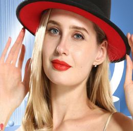 Extérieur noir intérieur rouge bord plat sombreros top plate fonction chapeau boater femme imitez laine fedora chapeaux avec ruban noir5538126