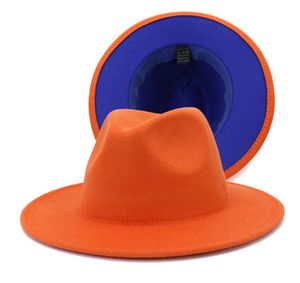 Extérieur Orange Inner Blue Patchwork Jazz Fedora Chapeaux Men Men de fête Musique Formal Hat Wide Brim Wool Breed Two Tone Panama Fedoras9129602