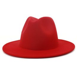 Buitenste Rode Bourgondië Patchwork Jazz Mannen Womens Klassieke Brede Bravel Disky Panama Hat Fake Wol Felt Fedora Hat