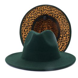 Exterior turquesa interior retales de leopardo fieltro de lana Jazz Fedora sombreros mujeres hombres invierno verde Panamá dos tonos fiesta Formal Hat184L