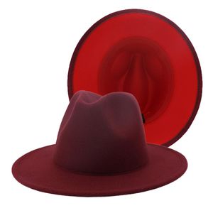 Exterior vino rojo interior rojo Patchwork sombrero de fieltro Otoño Invierno lana Jazz Trilby Cap clásico europeo EE. UU. hombres mujeres Fedora Hats214D