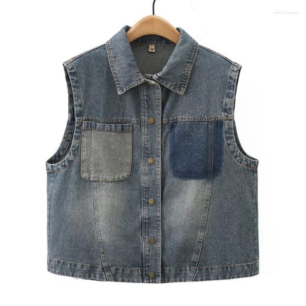 Vêtements d'extérieur 2023 Automne Femmes Vêtements Grande Taille Veste Sans Manches Décontracté Denim Rétro Couleur Contraste Do Vieux Gilet Courbe Gilet