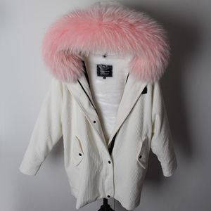 Vêtements d'extérieur à capuche en fourrure de raton laveur rose pour femmes, vestes chaudes de marque maomaokong, doublure en fourrure de lapin rex blanc, parkas longues en velours côtelé blanc