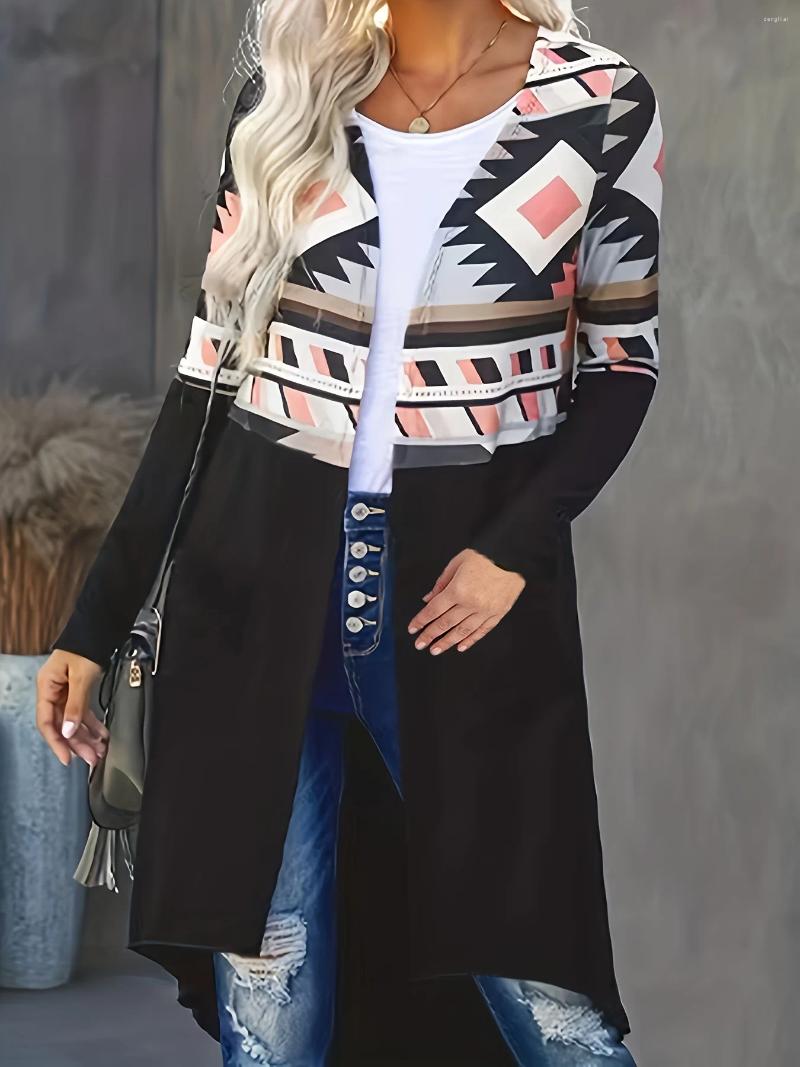 겉옷 플러스 사이즈 캐주얼 카디건 여성 아즈텍 인쇄 긴 슬리브 오픈 프론트 하이 로우 밑단 주머니