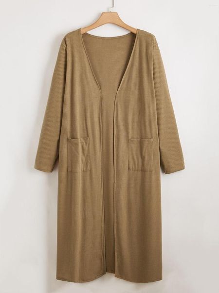 Vêtements d'extérieur grande taille à manches longues printemps automne Simple Cardigan femmes ouvert devant Double poches côtelé tricoté Duster veste manteau grand 5XL