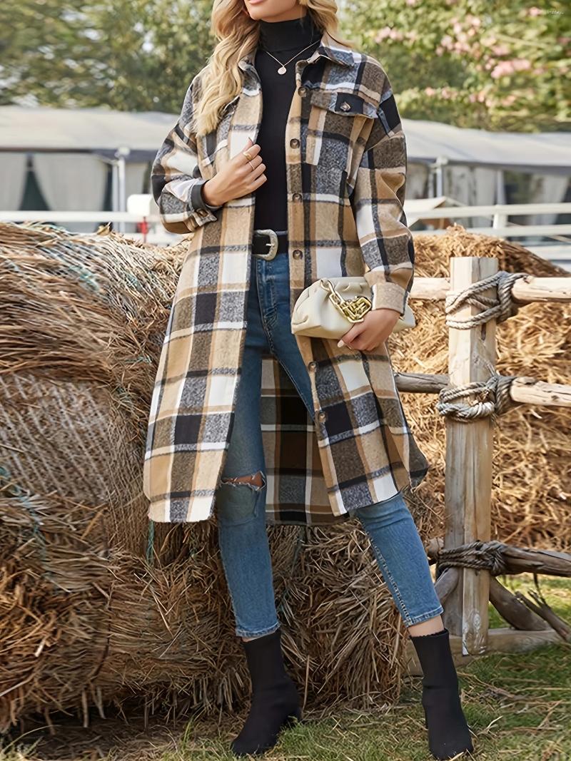 Outerwear Plus Size Women's Casual Lapel Button Down Long Plaid Shirt Coat Style Of Personalized Clothing