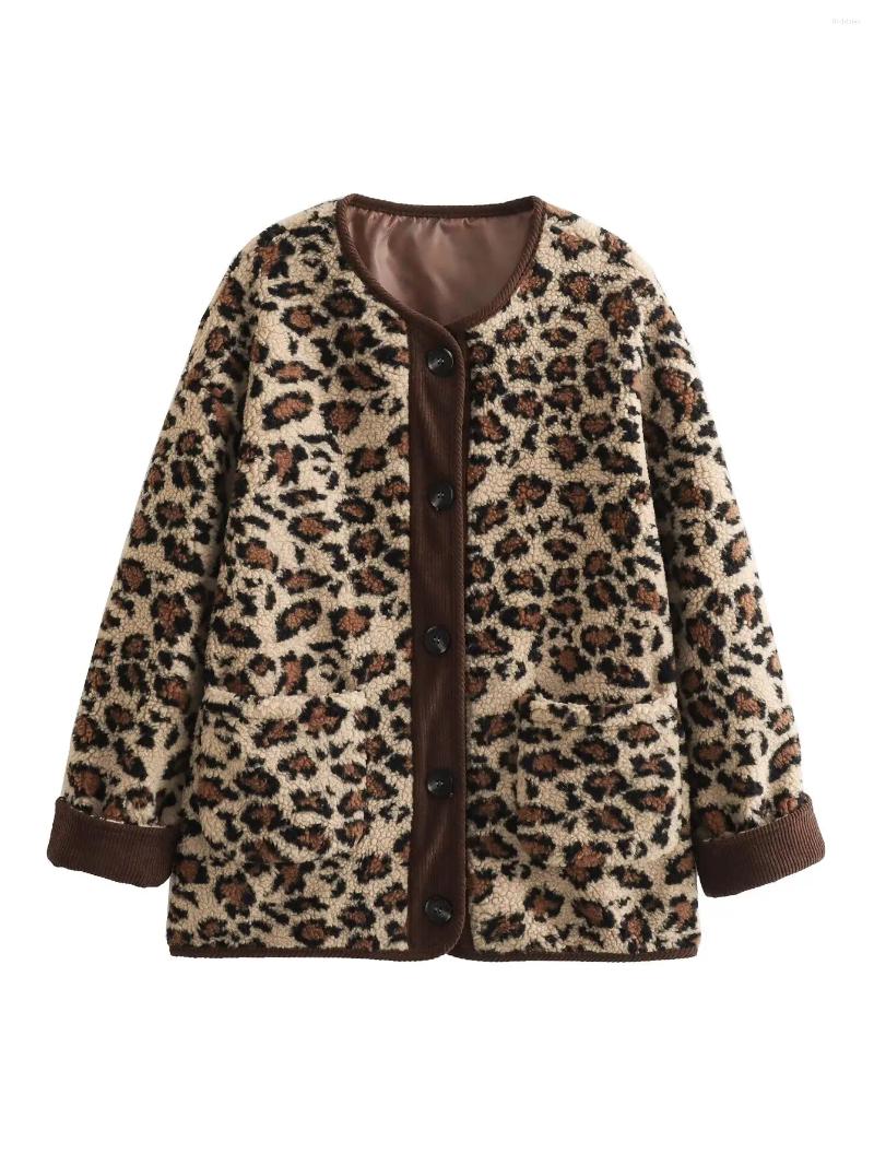 Outerwear Plus Size Women's Clothing Coat Collarless Long Sleeve Plush Jacket Autumn And Winter Leopard Print Warm Bust 108-122CM