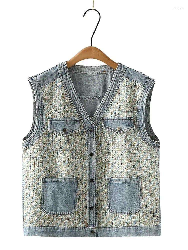 Outerwear Plus Size Women's Clothing Denim Vest Fashionable Sleeveless Jacket With Woven Splicing For Spring And Autumn
