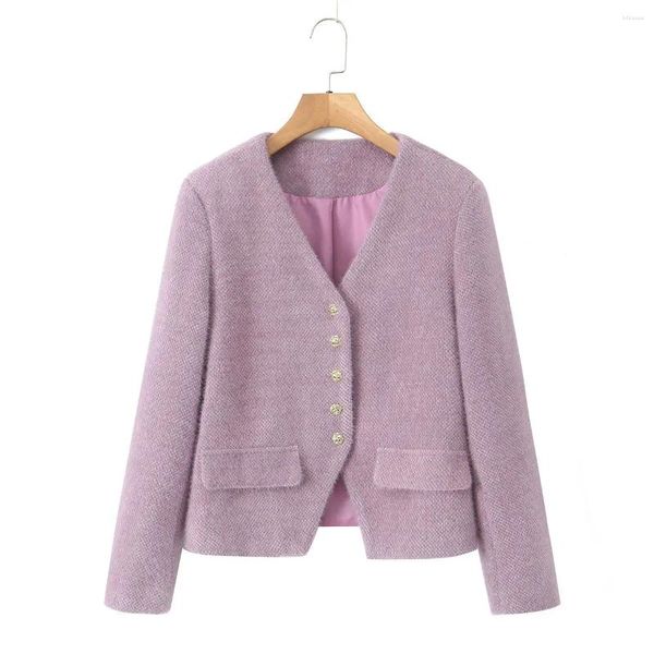Vêtements extérieurs violets V-colmes simples à poitrine droite à épaule droite manteau en laine plus taille pour femmes vêtements de bonne qualité d'automne veste française