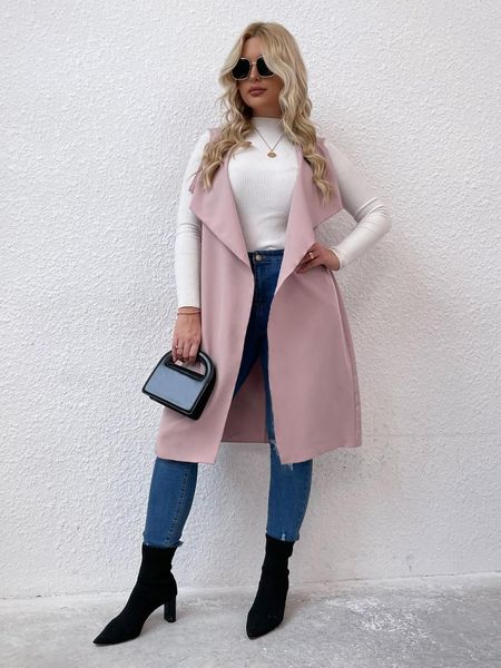 Oberbekleidung Damen Plus Size Mäntel 4XL Rosa Trenchcoat Frau Ärmellos Umlegekragen Midi Mantel 2023 Herbst Elegant Büro Damen O