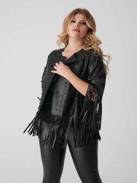 Abrigos de talla grande para mujer, chaquetas de invierno de longitud corta con flecos y cuello chal con detalles de perlas para mujer, 4xl, 5xl, 6xl, color negro a la moda