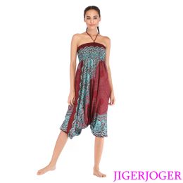 Outfit Jigerjoger Wine Red Thai Big Round Mandala Pant 2 In 1 jumpsuits Harem Pant Strappy Halter Beach losse baggy broek Yoga -leggings