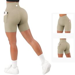Outfit LL Short de Yoga Ribber Pantalon de Sport Taille croisée pour Femmes avec Poches Course à Pied Fitness Extensible sous-vêtements de Gym entraînement Leggings Courts