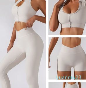 Outfit Yoga-outfits Yoga-outfits Trainingskleding voor dames Naadloze geribbelde uitsparing Rits Crop Top Tankshort Stretch Sportlegging Yogaset Outfits Gym