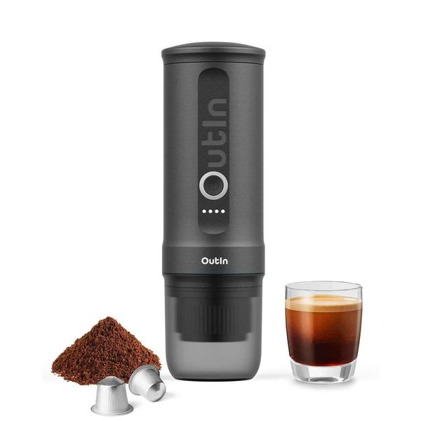 Outin Nano Cafetera Eléctrica Portátil Autocalentable De 3-4 Minutos, Mini Máquina De Café para Automóvil De 20 Bares De 12V 24V, con Cápsulas NS Y Piso, Adecuada para Acampar,