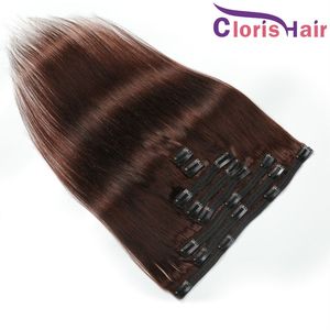 Outlet #4 Human Hair Extension Clip Ins Dark Bruine Silky rechte ruwe maagdelijke Indiase clip in Extensions Volledige kop 8pcs 120 g snelle levering