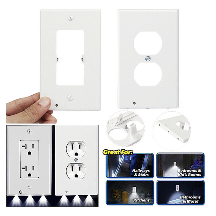 Utloppsväggplatta med LED -nattlampor, guide ljus 2 för uttag LED -ljus bar nattljus elektrisk automatisk på/av sensor duplex, vit USA 110v 120v