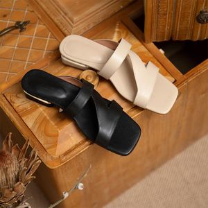 Slides Open Slippers Buiten Teen Dames Sandalen Moderne 2021 Zomer Muilezels Echt Leer Flats Schoenen 5 5