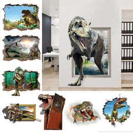 En dehors du mur brisé Animal World Jurassic Dinosaur 3d autocollants en vinyle enfants chambre décoration bébé dessin animé affiche murale 70 * 50 cm