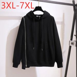 Uitbekleding Nieuw 2021 Herfst Winter Plus Size Dames Kleding Hoodie Grote lange mouw Katoen Zwart Zipper Sweatshirt Coat 3xl 4xl 5xl 6xl 7xl