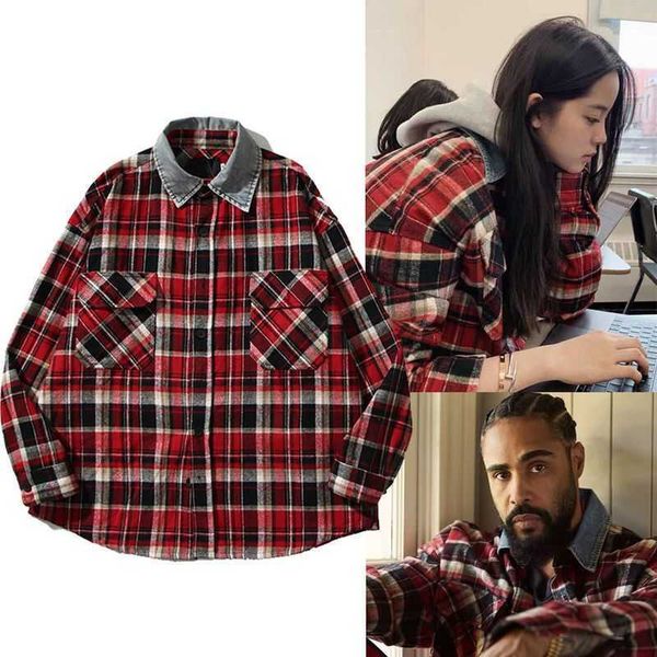 Ouyang Nana Same Fog Denim Collar Plaid Shirt Jacket Jerry High Street American Style