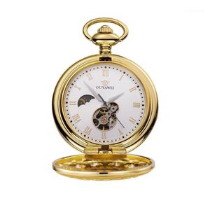 Ouyawei Reloj de bolsillo mecánico para hombre de alta calidad Vintage recorte perspectiva cubierta inferior cuerda Manual reloj de bolsillo pulsera Clock1236W