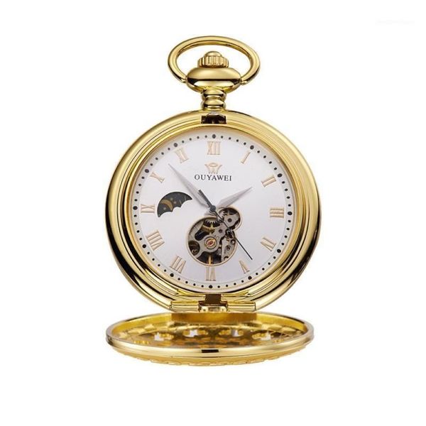 Ouyawei montre de poche mécanique hommes de qualité supérieure Vintage découpe Perspect couvercle inférieur remontage manuel montre de poche Bracelet Clock1236W