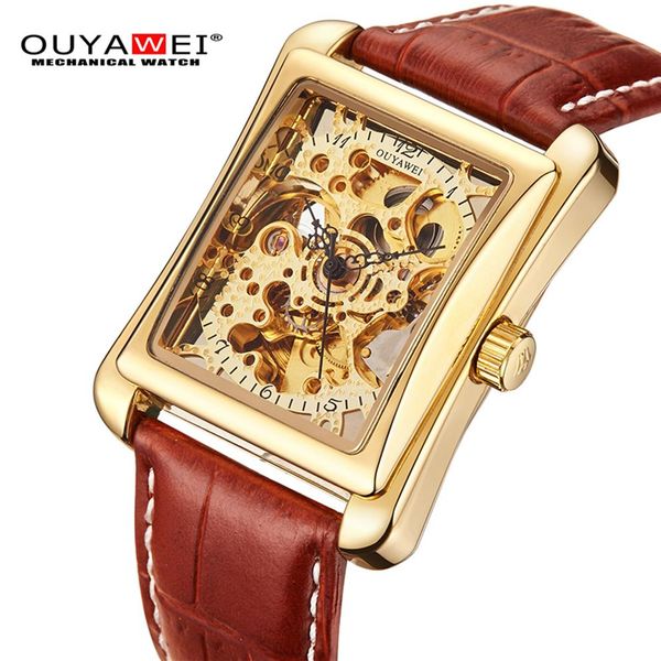 Reloj Mecánico OUYAWEI, reloj de pulsera de marca para hombre, correa de cuero, reloj con mecanismo a la vista dorado, reloj deportivo rectangular para hombre 242E