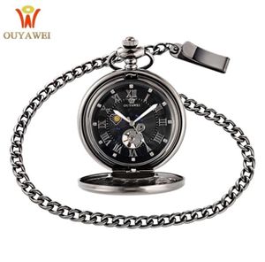 OUYAWEI Vine Pocket Watch Black Case cadran creux de lune Fonction de phase de lune Hand Wind Mécanique Fob Watch T2005029278355