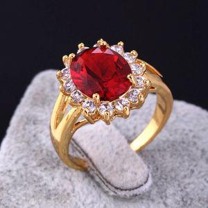 Bague ovale en Zircon cubique rouge pour femmes, or jaune 18 carats, classique, à la mode, cadeau de luxe pour fête de mariage
