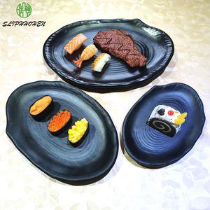Plato plano ovalado, platos de sushi rectangulares negros, restaurante A5, vajilla de porcelana de imitación de melamina, vajilla de termoestabilidad
