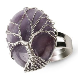 Ovale Reiki Natural Stone Finger Rings Zilver-Color Tree of Life Wire Wrapped Resizable Women Ring Trendy Jewelry Party