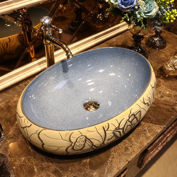 Forme ovale chine artistique Europe Style comptoir porcelaine lavabo salle de bains éviers céramique art navire évier