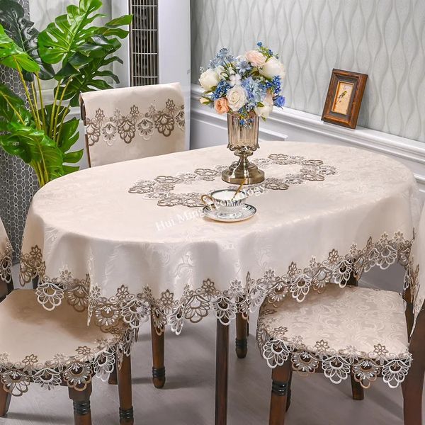Nappe ovale blanche brodée pliable, couverture de salle à manger, en dentelle, pour la maison, chaise anti-poussière, 240312