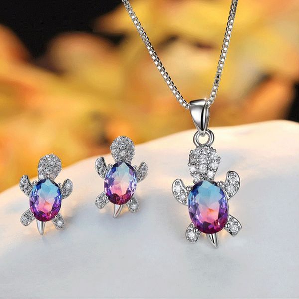 Ovale Zircon Arc-En-Pierre Tortue Boucles D'oreilles Collier Pour Femmes Vintage Bijoux Multicolore Cristal Argent Animal Bijoux Ensembles En Gros