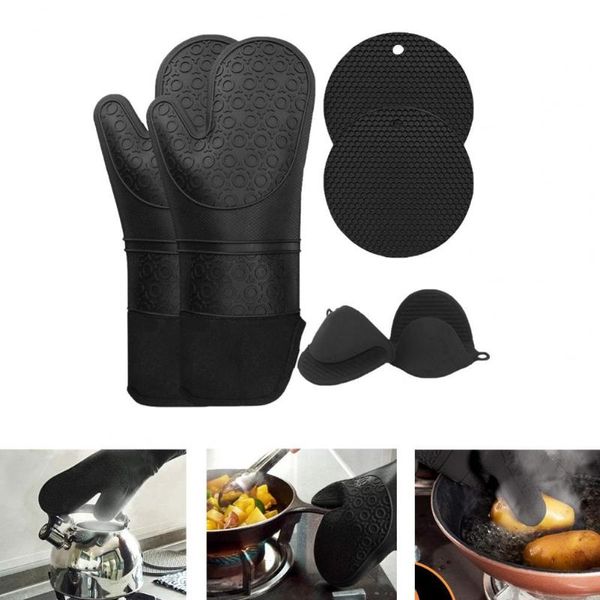 Manoplas para horno 5 unids/set guantes de aislamiento térmico con manoplas largas de silicona/agarraderas para ollas juego de utensilios para hornear herramientas de cocina horno