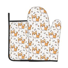 Juego de manoplas para horno Kawaii Corgi resistentes al calor, guantes de horno y soportes para ollas, guantes de cocina gruesos antideslizantes para cocinar, hornear, asar a la parrilla 231109