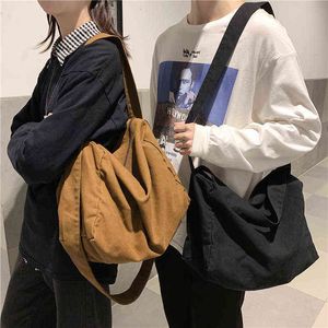 Over grote tiener canvas hobo tas student Koreaanse mode High Street Hip Hop Ecology Cotton Big Capaciteit Slouch Messenger Bag Y220304