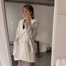 Plus Long Couleur Caramel Blazer Femmes Laine Mélangée Veste Vêtements Vêtements D'extérieur Tweed Manteaux pour Femmes Solide Trench-Coat Robe Blanc 240112