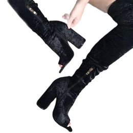 Sur les bottes noires en daim genou sexy femme cuisse haut peep toe chunky talel dames robe fête nightclub zippé 5