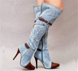 Sur les femmes du genou bottes d'automne d'hiver en denim haut talons dames chaussures de boucle sexy plate-forme de boucle