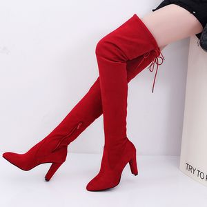 Au-dessus du genou femmes bottes Botas Mujer Invierno nouveau en tissus extensibles chaussures à talons hauts sans lacet bout pointu longue Botte Femme pour les filles chaussures de fête