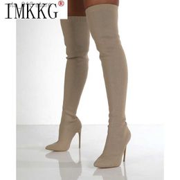 Sobre mujeres sexy muslo El 2021 estiramiento de la rodilla elástica tacones altos botas de calcetines nuevas botas de Mujer tamaño 36-43 T230824 551