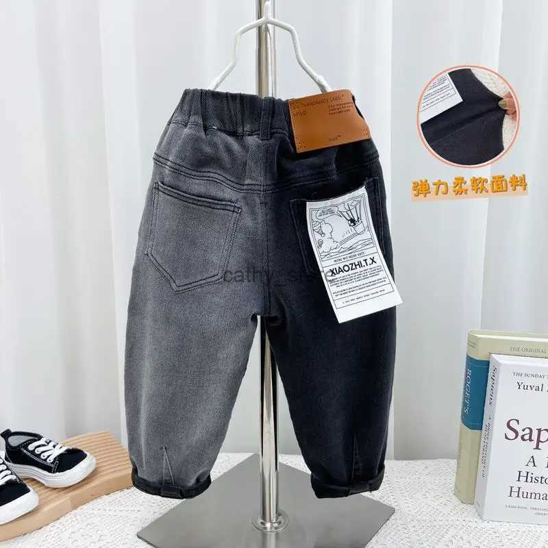 Overalls Boys' Velvet And Thick Jeans Children's Trousers 2023 Spring Autumn New Children Girls' Fashionable Cool Cotton Stretch PantsL231114