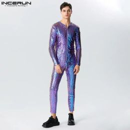 Monos INCERUN 2023, monos sexys de estilo nuevo para hombre, monos de fiesta para hombre, mamelucos de tela brillante, diseño hueco, monos ajustados de manga larga S5XL