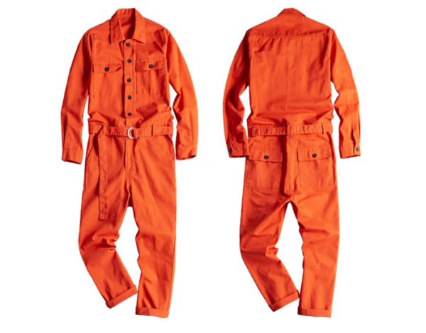 Salopette nouveau revers à manches longues Orange rouge combinaison homme Hip Hop décontracté ample multipoches salopette confortable Cargo