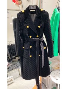Manteau Long en velours avec ceinture à carreaux et Double boutonnage pour femme