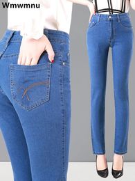 Oversize 36 Lente Zomer Mom Jeans Vintage Hoge Taille Vrouwen Denim Broek Elegante Skinny Straight Vaqueros Geborduurde Pantalones 240202