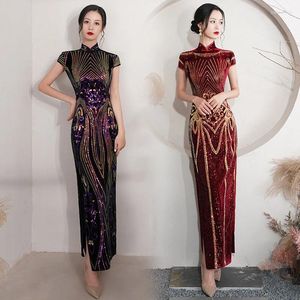 Oversize 5xl sexy velours pailletten bloem cheongsam dames slanke veet qipao elegante avond feestjurk korte mouw vestidos